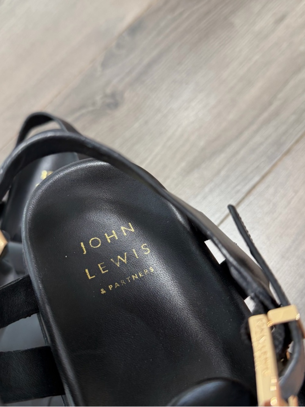 John Lewis Black Leather Fisherman Sandals with Gold Buckle - Picture 3 of 10